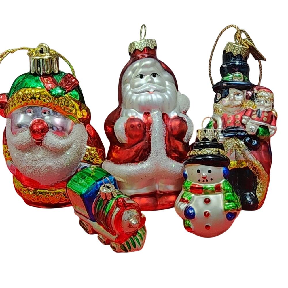 Hand Painted Blown Glass x4 Plastic x1 Christmas Theme Ornaments x5 Mix Vintage